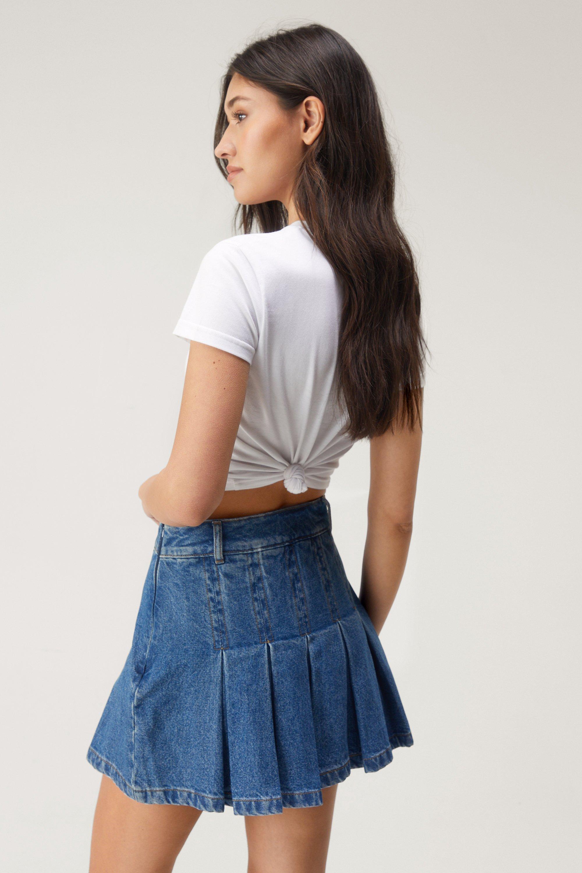 Petite denim mini store skirt